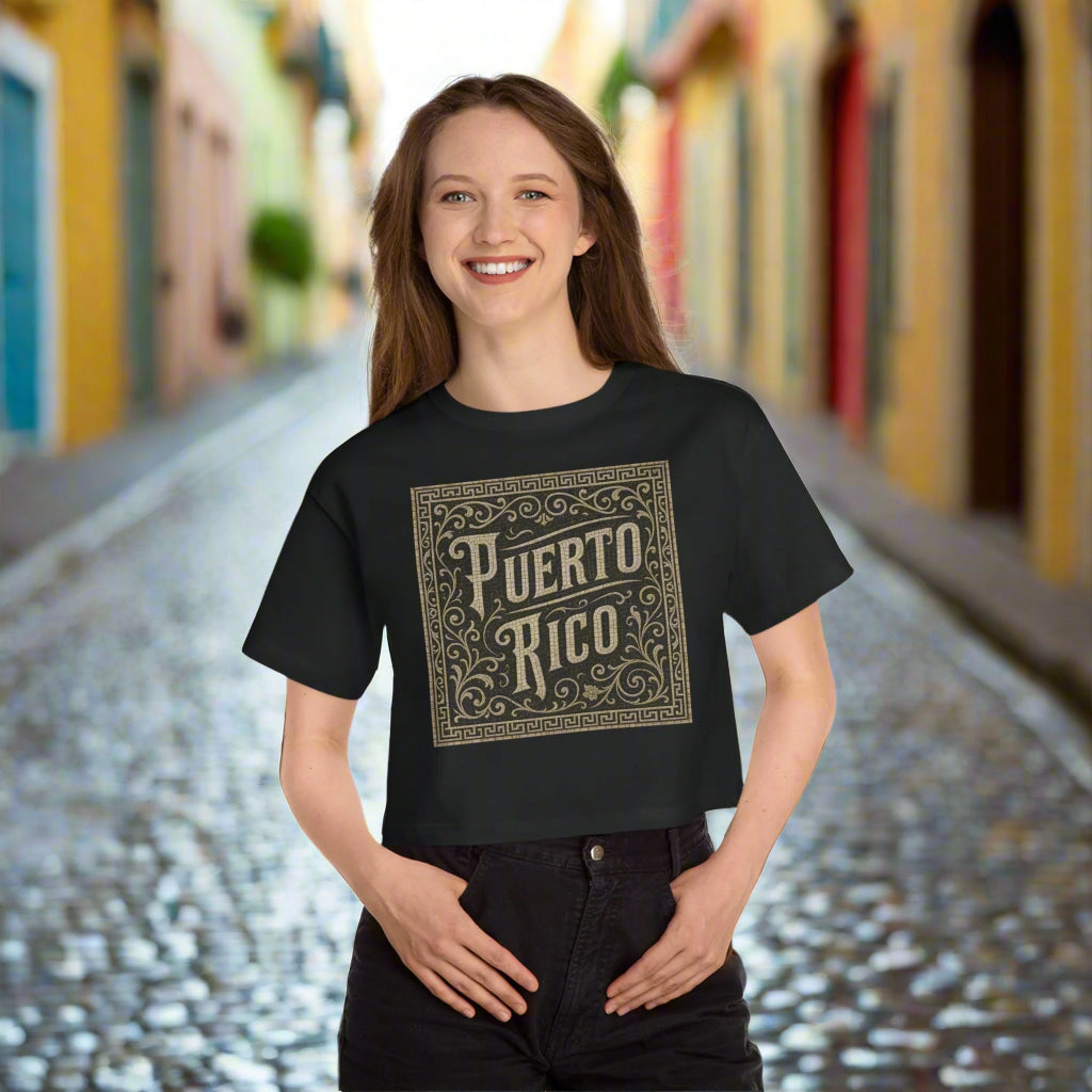 Person wearing a black t-shirt with 'Puerto Rico' design on Old San Juan